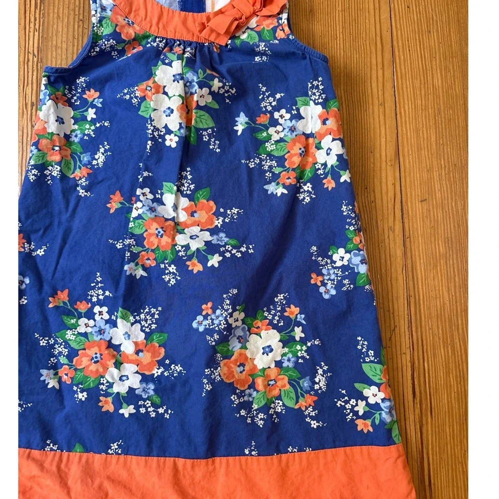 Gymboree Floral Dress Girls Blue Orange Sleeveless Bow Accent A-Line SIZE 8